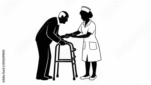 Nurse Assisting Elderly Man With Walker.