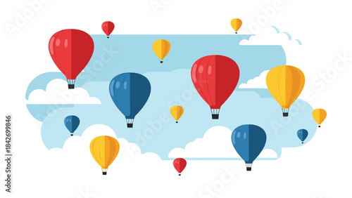 Colorful hot air balloons floating in the sky with clouds and blue background