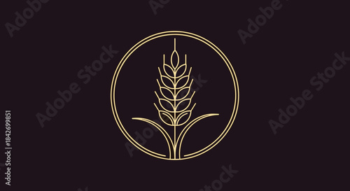 Elegant golden line art illustration of a wheat ear in a circular frame, symbolizing agriculture, harvest, and natural food products on a dark background.