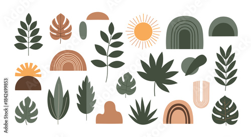 Minimalist vector collection featuring abstract botanical leaves, plants, suns, and rainbows in a bohemian earthy color palette.