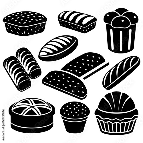 set of different types of bread and cakes vector 