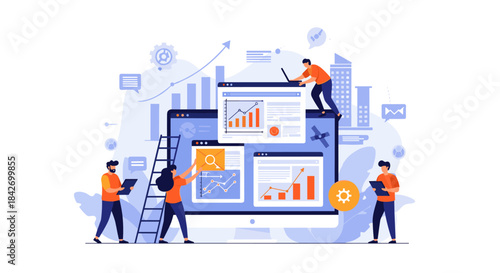 Collaborative team effort in data analysis and business intelligence, using digital tools to visualize growth and optimize processes.
