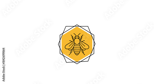 Minimalist bee logo design within a golden hexagonal frame, representing honey, nature, and sustainable agriculture.