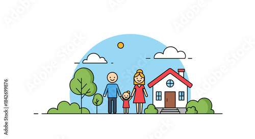 A happy family stands together with their home, surrounded by nature under a clear blue sky, symbolizing joy and stability.