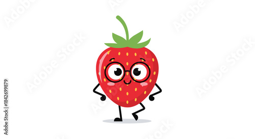 Adorable cartoon strawberry character with glasses, a happy smile, and rosy cheeks, standing in a cheerful, playful pose on a white background.