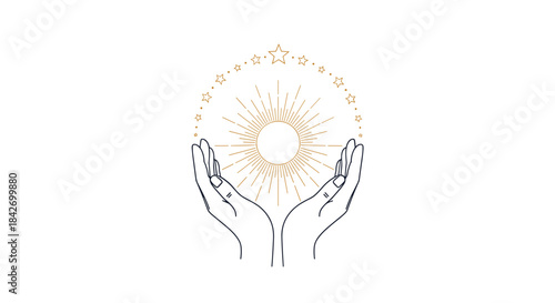 Stylized illustration of hands gently holding a radiant sun, encircled by an arc of shimmering stars, representing cosmic energy and spirituality.