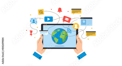 Hands hold a tablet displaying global internet connectivity, with digital communication, social media, and online service icons, illustrating a vast networked world.