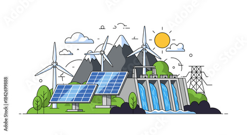 Renewable energy sources illustration with wind turbines, solar panels, and hydroelectric dam in a natural landscape.