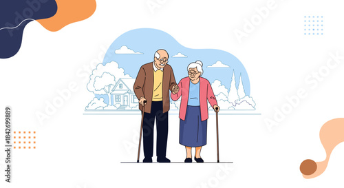Happy elderly couple walking outdoors, holding hands and using walking sticks, enjoying their retirement years together near their home.