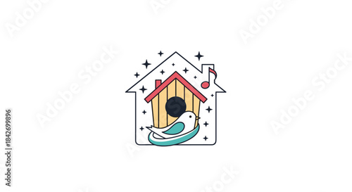 A charming illustration of a birdhouse with a bird in a nest, a musical note, and sparkling stars, all framed within a stylized house outline.