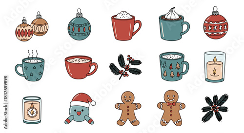 Charming hand-drawn Christmas and winter holiday illustrations, featuring festive ornaments, hot drinks, candles, holly, and gingerbread men.