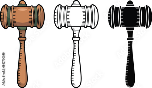 Wooden gavel silhouette & Outline and illustration set isolated on transparent background