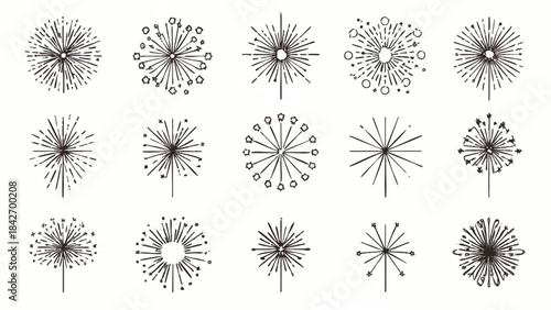 Minimal Line Art Firework Icon Set Celebration New Year Event
