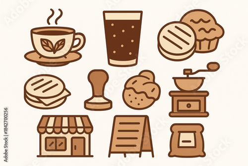 Venezuelan café icons in cozy flat vector grid with warm brown palette on white background