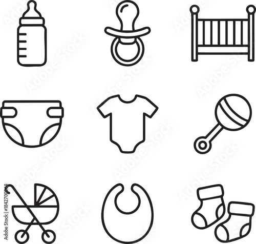 Collection of black line art icons representing baby care items infant child
