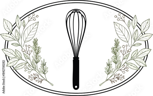 Whisk and Herbs in Oval Frame Culinary Illustration for Food Blogs and Kitchen Decor