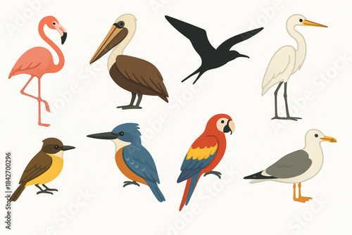 Venezuelan Caribbean bird icons in flat natural vector grid with organic coastal palette on white background