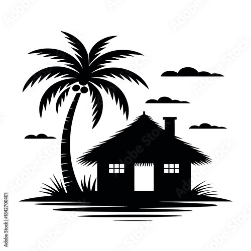 Tropical paradise with palm tree and hut Vector