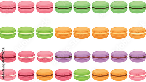 Colorful macarons in pink, green, orange, and purple hues arranged in rows
