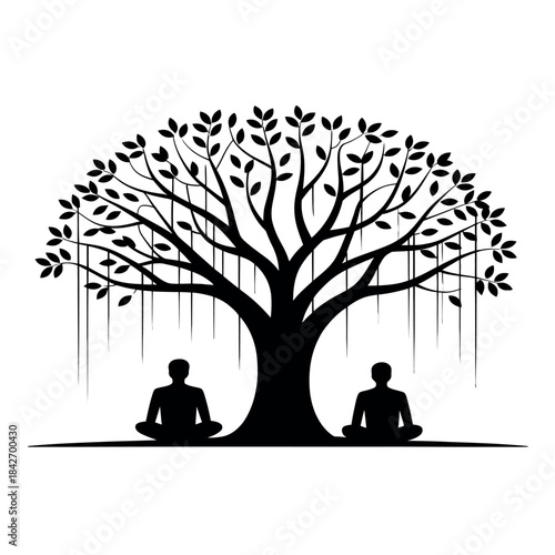 People meditating under a tree in a peaceful environment Vector