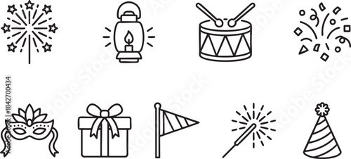 Collection of black line art icons for celebrations and parties party vector