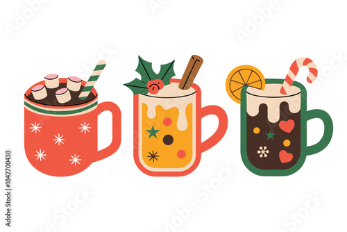 Festive winter holiday hot drinks collection, vector illustration of mugs with seasonal decorations
