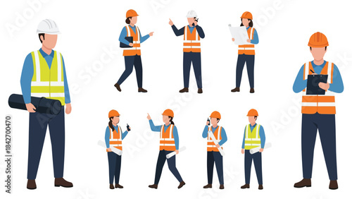 Detailed vector illustration set of diverse male and female construction workers and engineers wearing safety hard hats and high-visibility vests