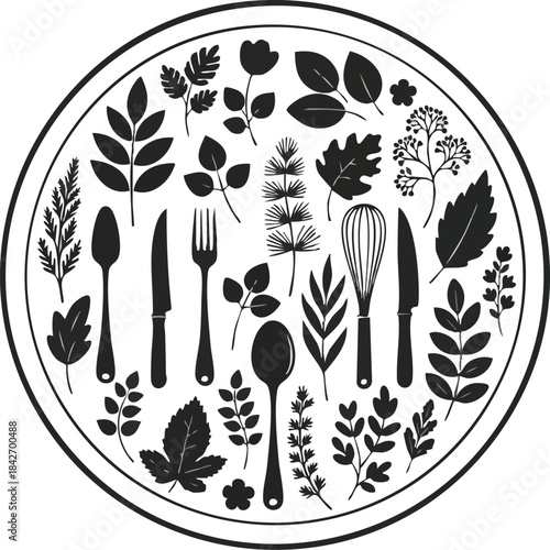 Culinary Herbs & Utensils Icon Circle Black and White Kitchen Art
