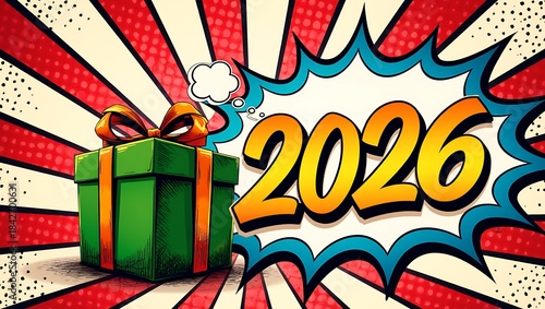 2026 New Year Celebration in Retro Pop Art Style with Gift Box Illustration