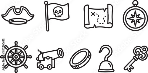 Pirate themed icons including hat flag map compass ship wheel cannon coin hook key tricorn skull