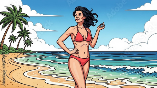 Beach Woman Outline Art – Colorful Bikini Illustration in Relaxed Standing Pose