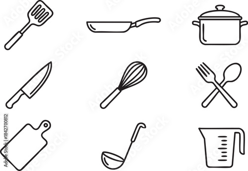 Collection of black outline kitchen utensils including spatula pot whisk knife fork spoon cutting board ladle and measuring cup