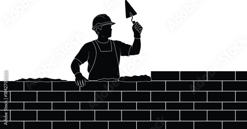 Bricklayer silhouette illustration—vector of hard hat, trowel, and partially built wall in construction action 