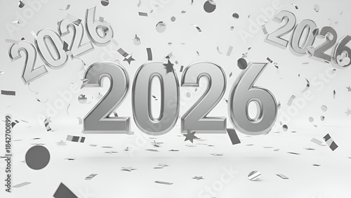 a black and white or silver-toned graphic celebrating the New Year. The main focus is the large, three-dimensional, metallic silver numbers 2026 positioned in the foreground