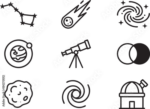 Black outline icons of celestial bodies and astronomical equipment on white background constellation