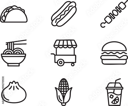 Collection of nine black line art food and drink icons on white background taco hotdog