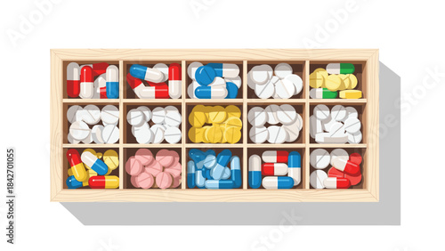 A wooden box filled with colorful jigsaw puzzle pieces in various shapes and colors