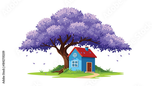 A colorful illustration of a small blue house with a red roof under a large purple tree on green grass