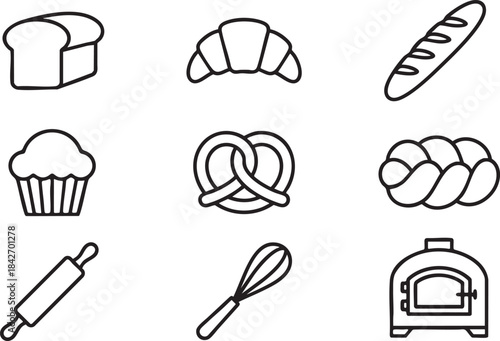 Collection of black line art icons depicting baked goods and baking tools bread loaf