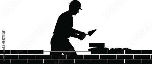 Construction worker silhouette illustration—vector of bricklaying action, hard hat, trowel, and wall structure