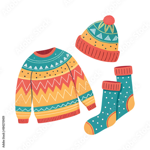 winter clothes, knitwear set, sweater, winter hat, wool socks, beanie, cozy, knitted pattern, fair isle, fashion bundle, apparel, warm clothing
