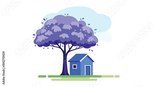 A blue house with a large tree beside it on a green lawn under a light blue sky with purple leaves and branches