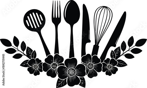 Elegant Kitchen Utensils with Floral Accent Black and White Design