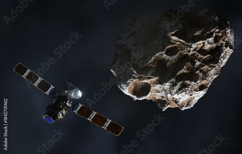 Satellite in Space passing asteroid