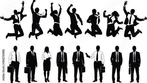 Silhouettes of business professionals in formal and celebratory poses illustrating workplace success, motivation, and corporate culture contrast