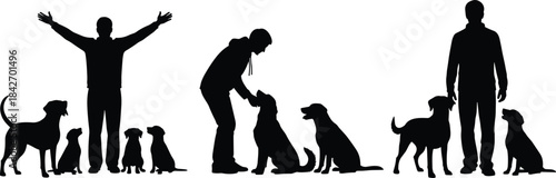 Silhouettes of people interacting with dogs in various poses representing companionship, affection, and pet-friendly lifestyle themes