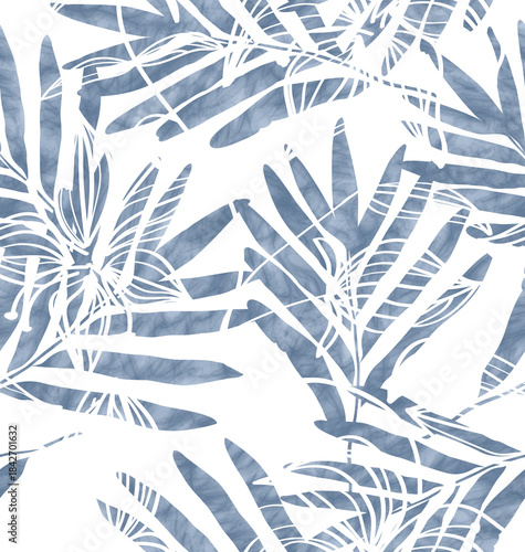 colorful floral winter leaves, watercolor textured arrangement, outlined white plants seamless pattern