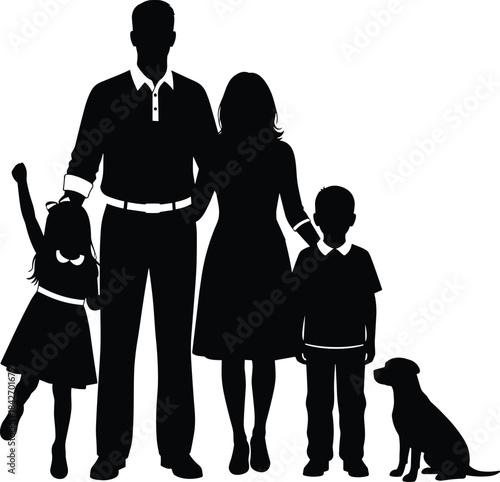 Silhouette of a family with children and dog representing unity, companionship, love, and domestic lifestyle themes