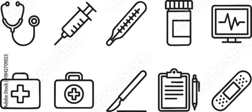 Collection of black outline medical icons including stethoscope syringe thermometer medicine bottle and monitor