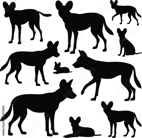 Set of African Wild Dog Silhouettes, Black Silhouettes of African Painted Dogs, Various Poses of Wild Dogs Vector Collection, Canine Silhouettes (African Wild Dog), silhouette, illustration, vector
